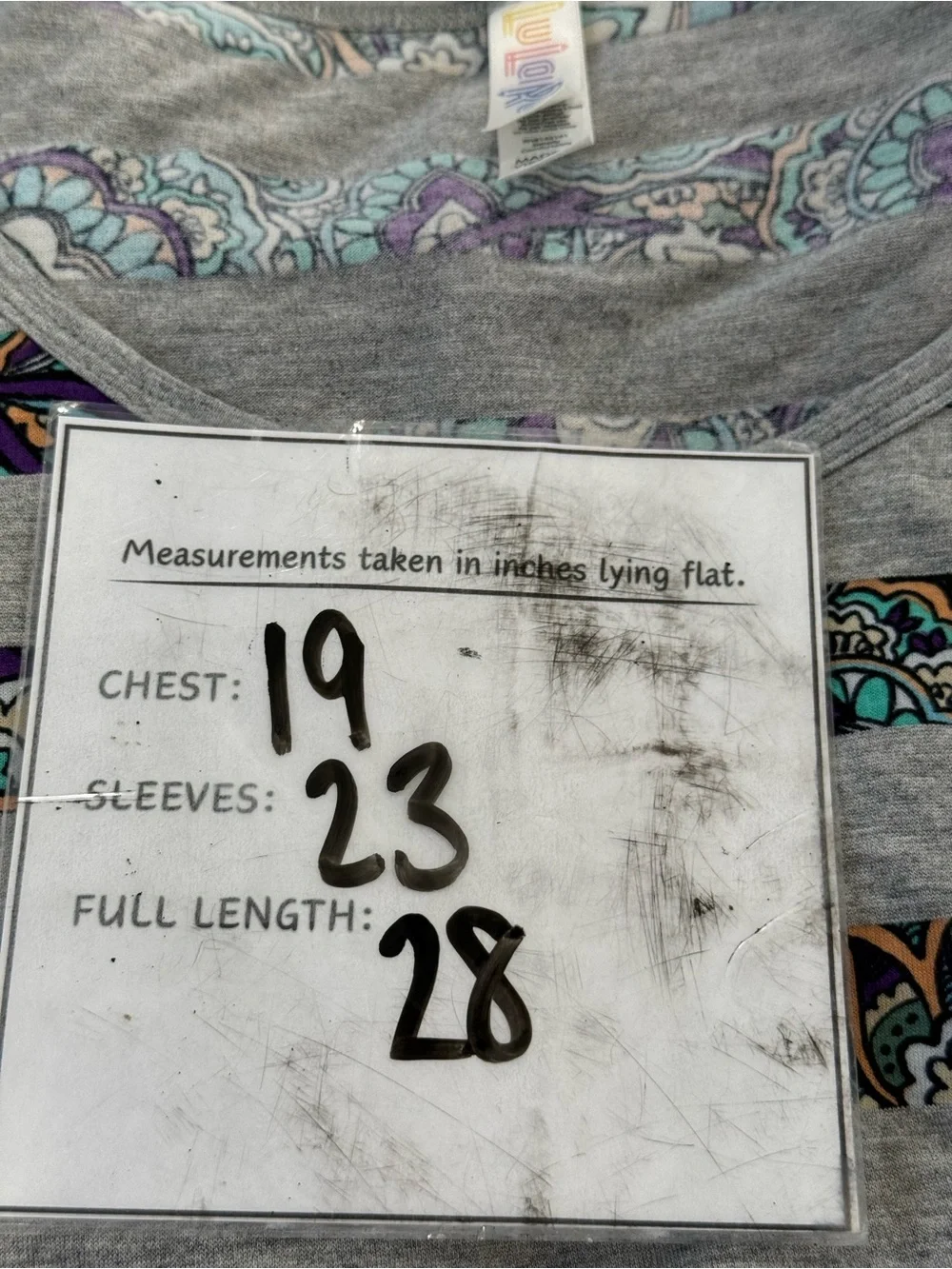 LuLaRoe S Striped Gray Long-Sleeve Top with Teal & Purple Paisley Accent 064
